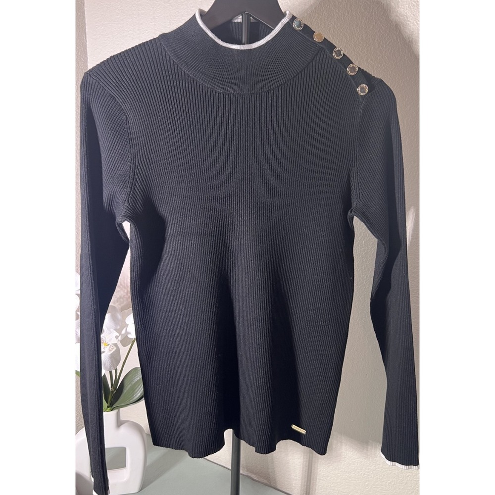 Calvin Klein Womens Pullover Sweater Mock Neck Ribbed Black White Trim S